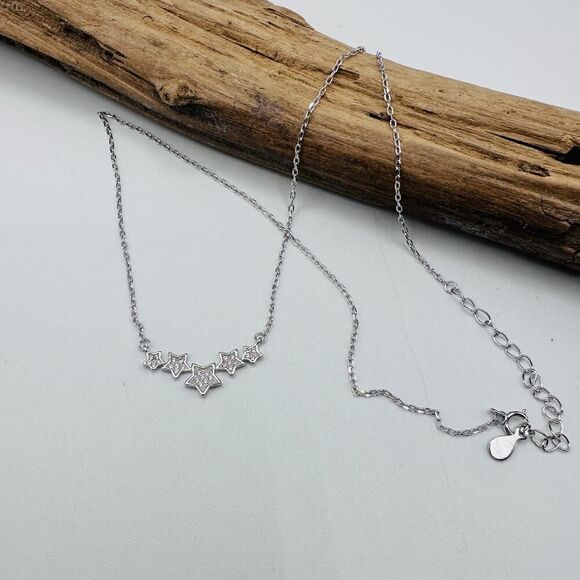 Sterling Silver Five-Star Necklace-Cubic Zirconia-Adjustable - Picture 2 of 4